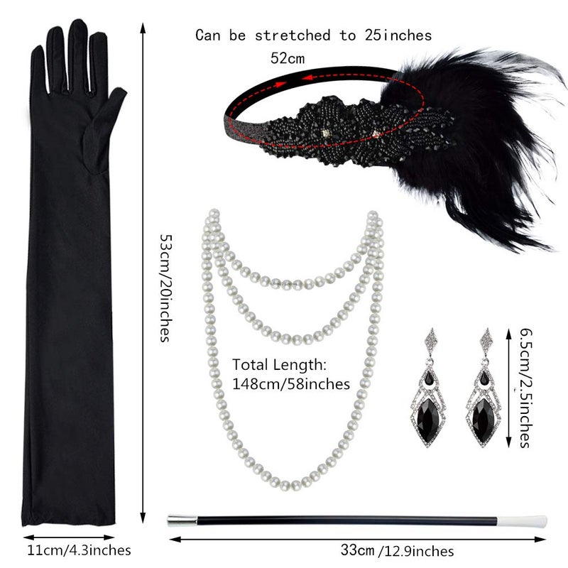 Tongcloud 1920s Women Accessories Headband Necklace Gloves Flapper Costume Set 1920s Accessories for Women (Black) - Image 2